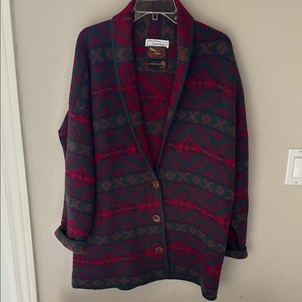 Vintage Alps Wool Aztec Long Blanket Jacket Drop Shoulder Cardigan Women's M